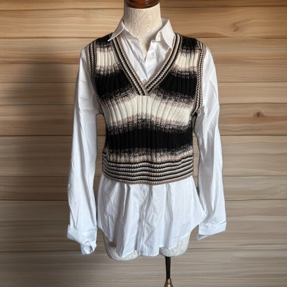Veronica Beard Merino Wool Combo Sweater Button Down  S Light Acedemia preppy - Picture 1 of 10